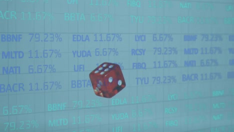 Animation-of-financial-data-processing-over-red-playing-dice-falling