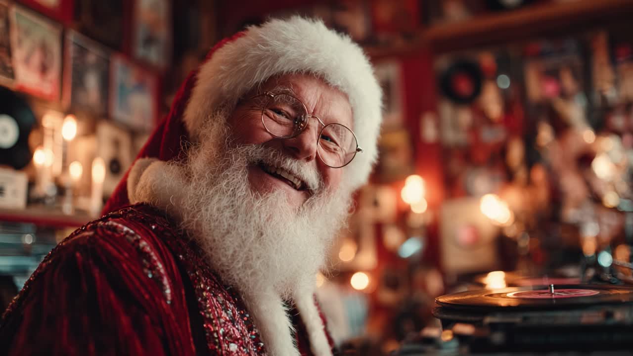 Un gioioso Babbo Natale che fa girare dischi in un'accogliente sala da musica vintage con un'atmosfera calorosa, portando allegria e nostalgia a tutti