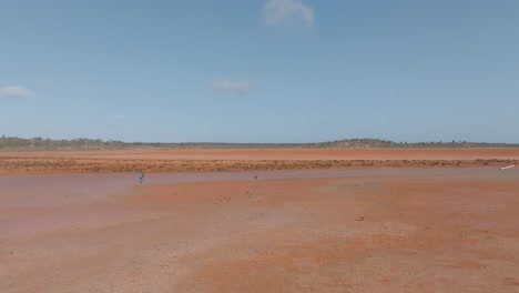 person walking across a vast red desert landscape