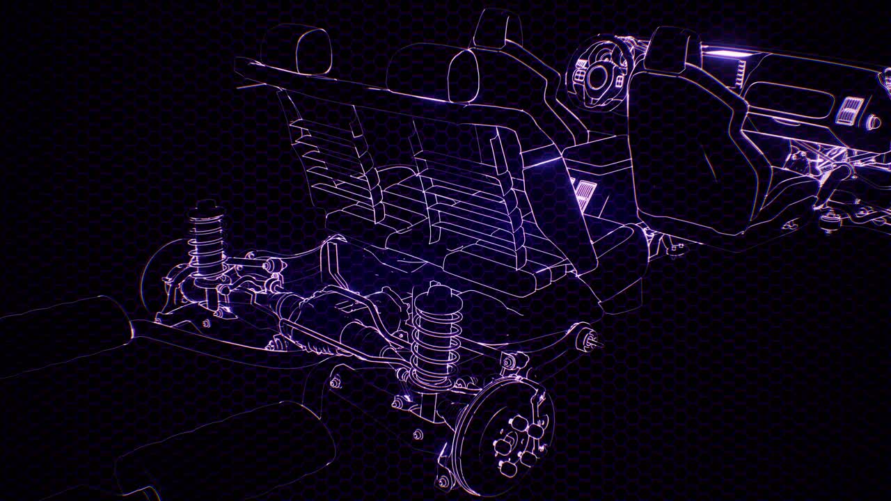 엔진이 있는 3d 와이어프레임 자동차 모델의 홀로그래픽 애니메이션
