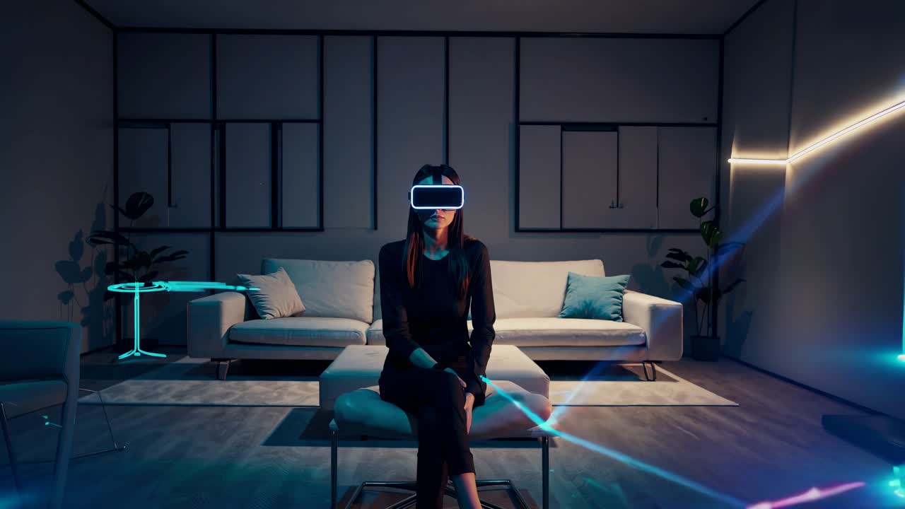 mujer experimentando la realidad virtual en un hogar moderno