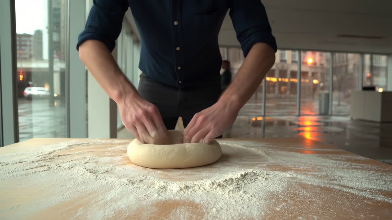 Person kneading dough on a floured table