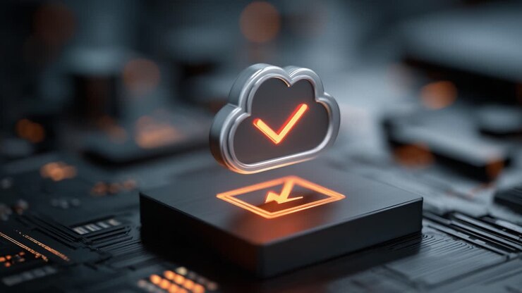 A modern digital representation of cloud technology showcasing synchronization and verification with glowing elements connecting data pathways in a high-tech environment