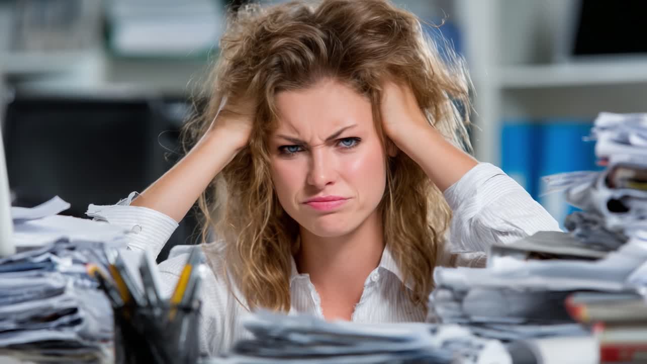 Feeling Overwhelmed: A Young Woman in a Chaotic Office Environment Struggles with Stress and Anxiety Due to Mountainous Paperwork Piling Up Around Her
