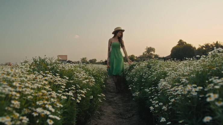 Woman in a Green Dress Walking Through a Field of Flowers at Sunset