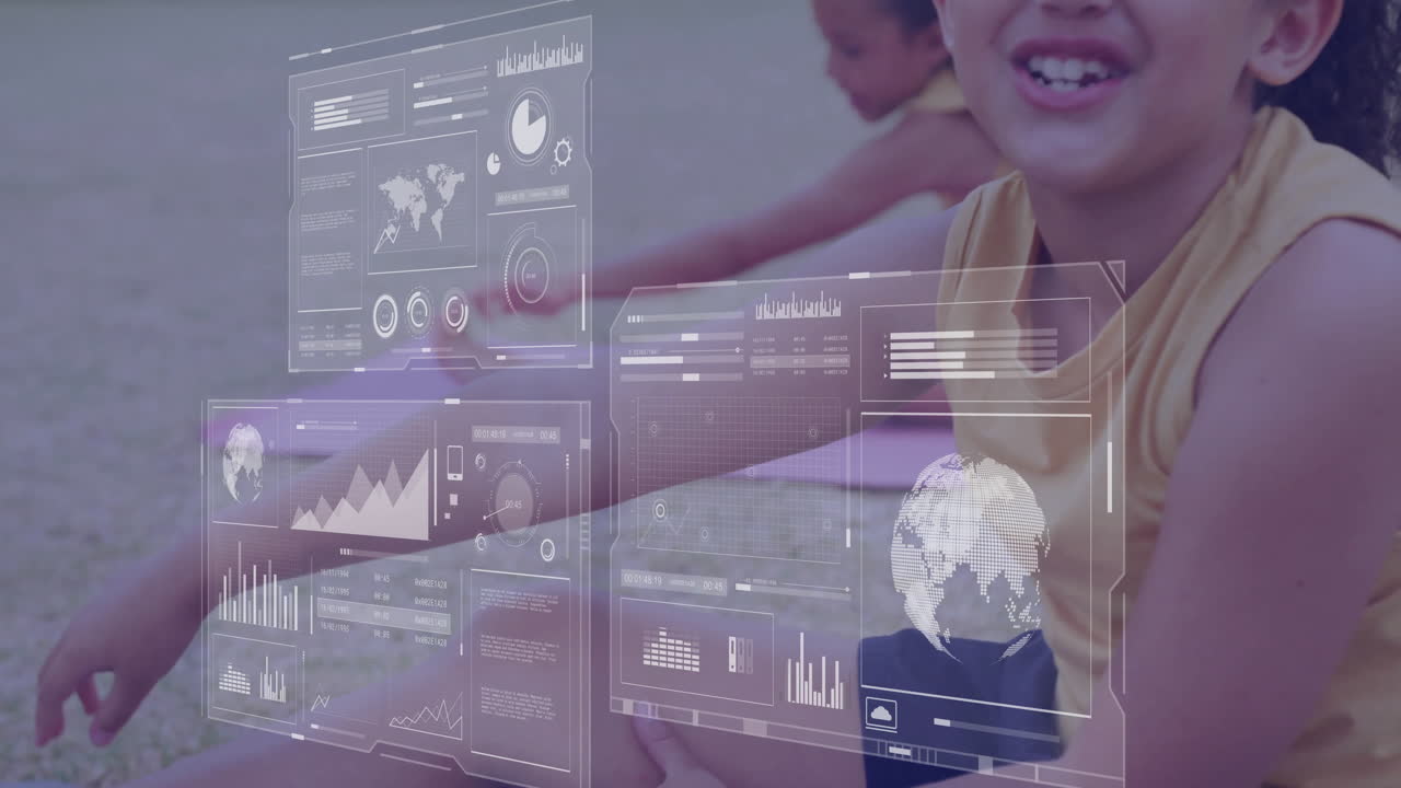 Playing outdoors, children interacting with digital data analytics overlay animation