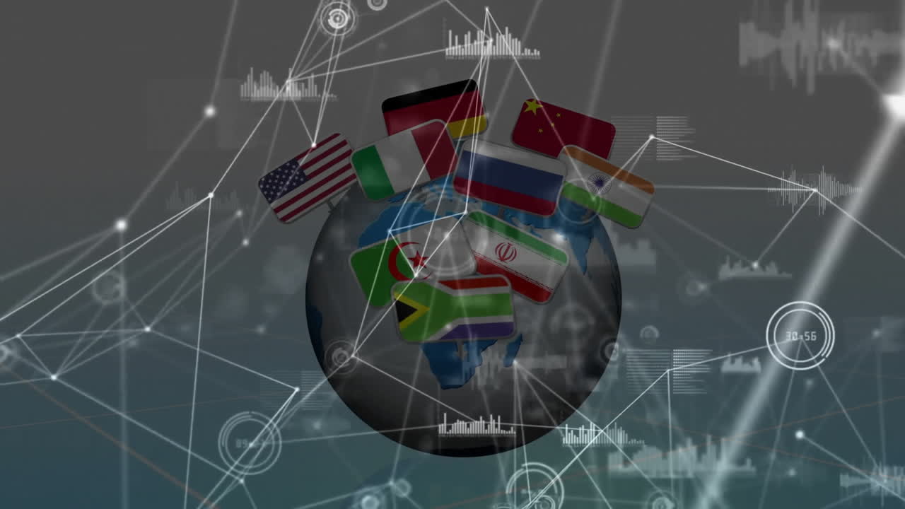 Central globe displaying interconnected network lines and flag icons floating, with data charts