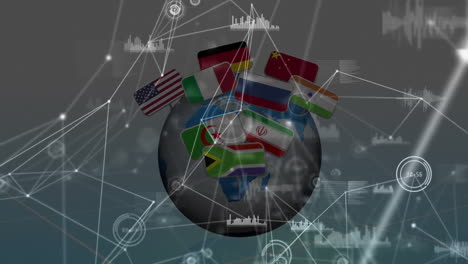 central globe displaying interconnected network lines and flag icons floating, with data charts