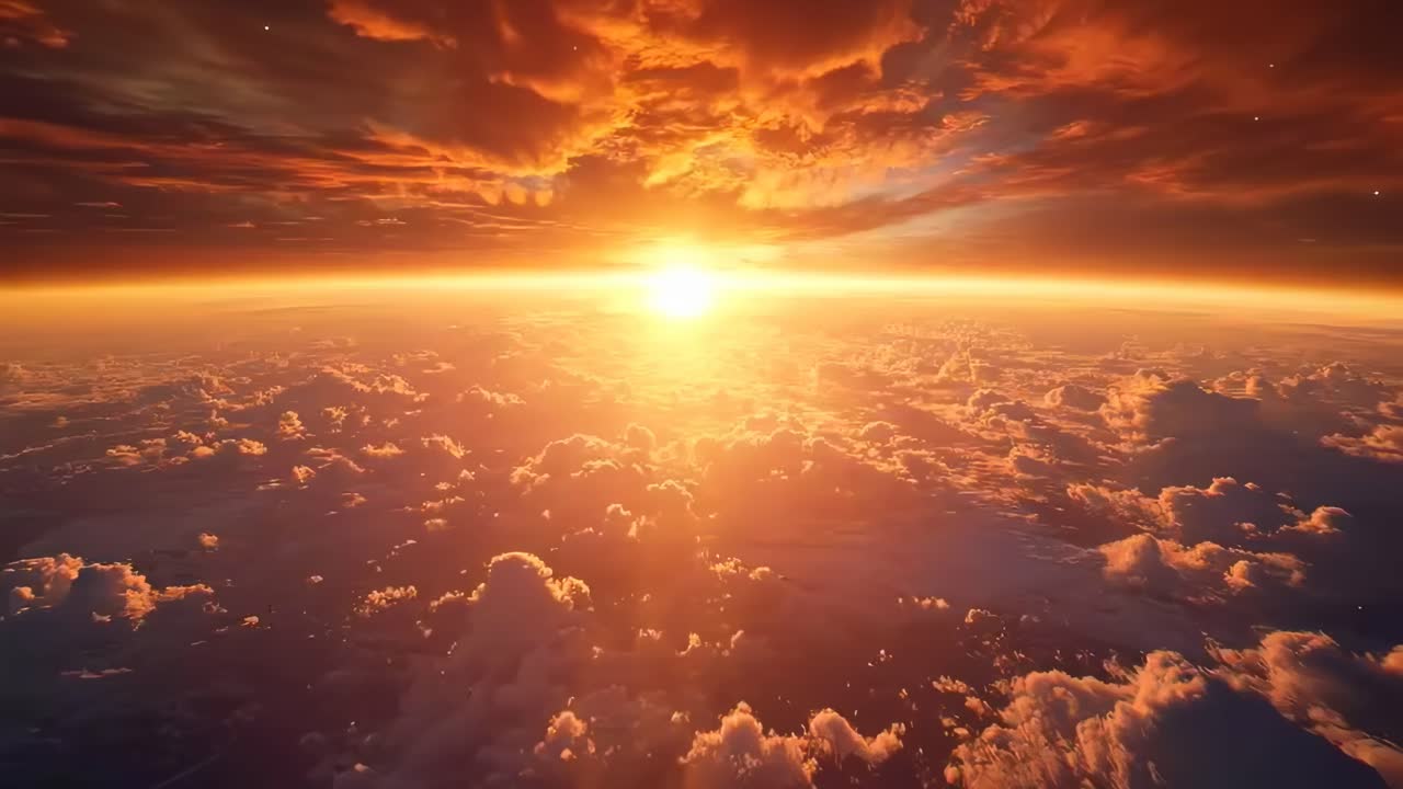 Aerial video captures a stunning sunset over clouds, with a wide-angle view highlighting vibrant
