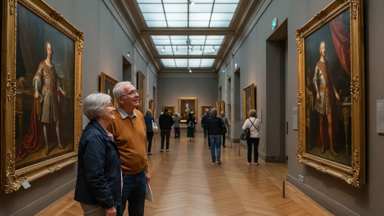 An Enriching Art Experience: A Couple Gaze in Awe at Historical Portraits while Exploring an Elegant Gallery Filled with Masterpieces