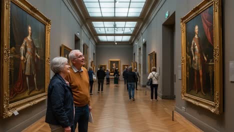 an enriching art experience: a couple gaze in awe at historical portraits while exploring an elegant gallery filled with masterpieces