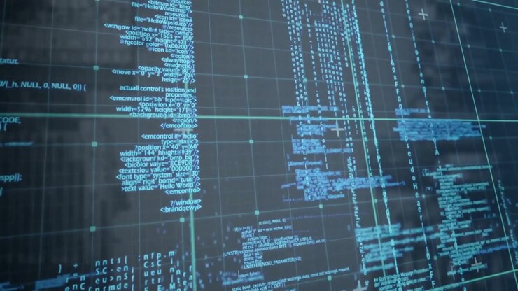 Programmer navigating virtual tech interface, displaying glowing code snippets over teal grid nodes
