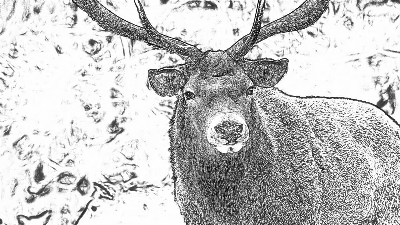 Red deer walking around, black and white doodle art