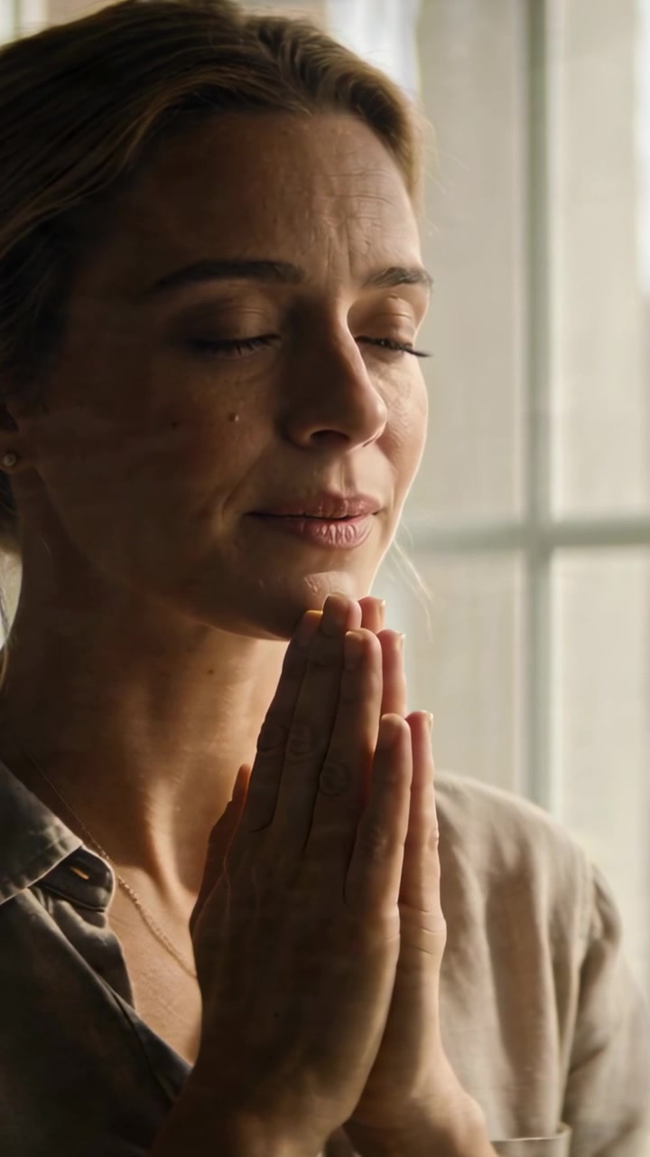 Video verticale: Una lacrima che scende, donna che prega vicino alla finestra, con le mani giunte, in cerca di calma, che indossa una camicia.