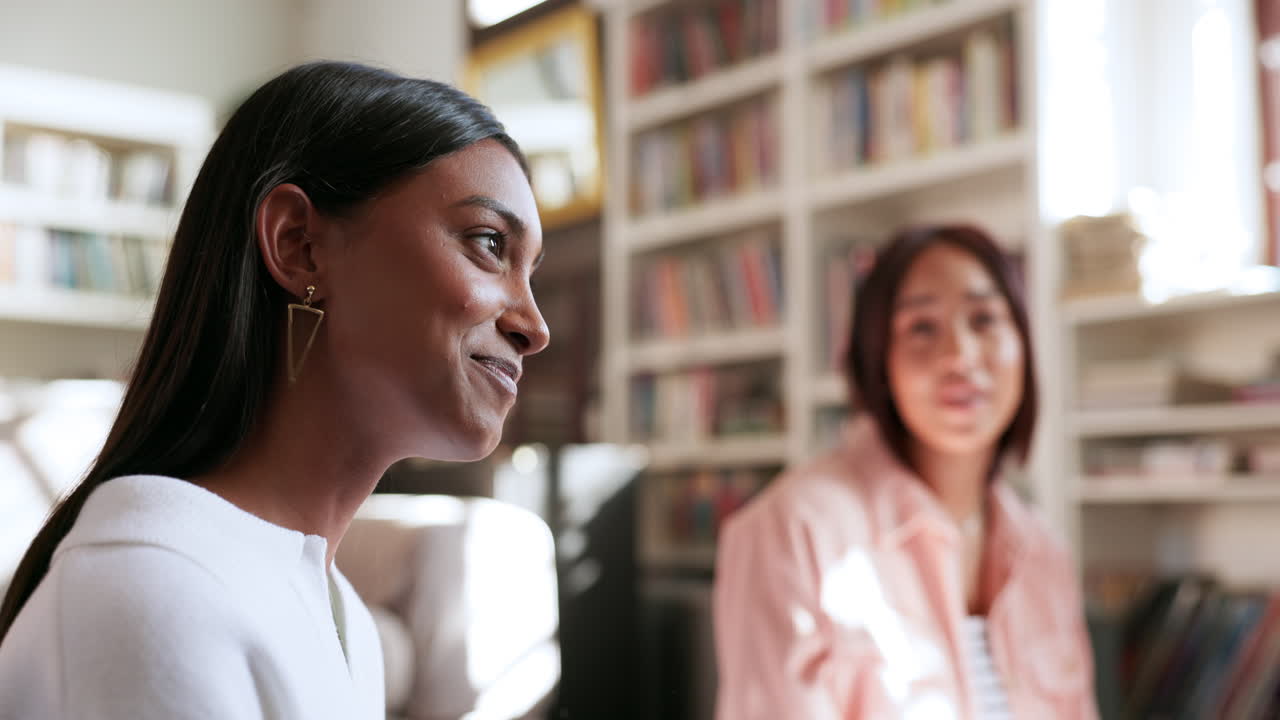 Library, study group and woman talking