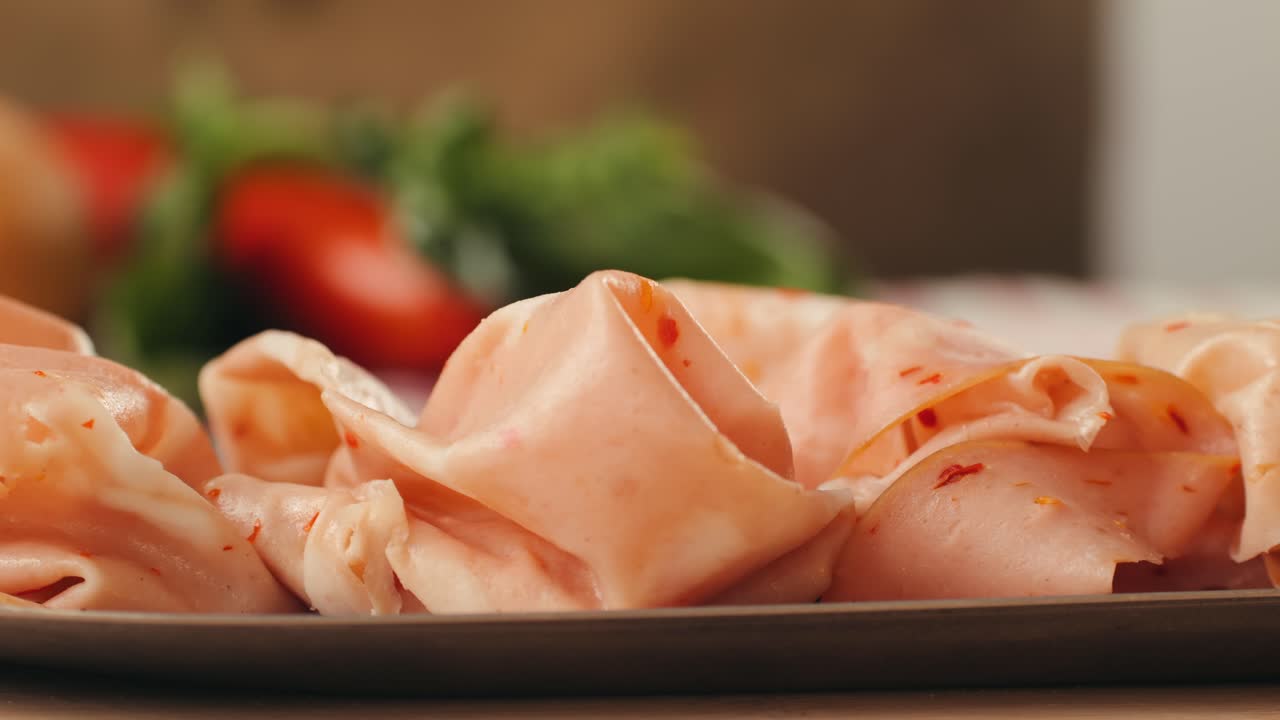 Ham italian mordatella, man Slices Of Traditional Italian antipasti mortadella sausage on a wooden cutting board, close up macro of chicken or turkey jamon, fat breakfast dish.