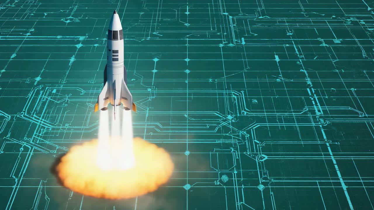 Rocket Launch Against a Futuristic Circuit Board Background