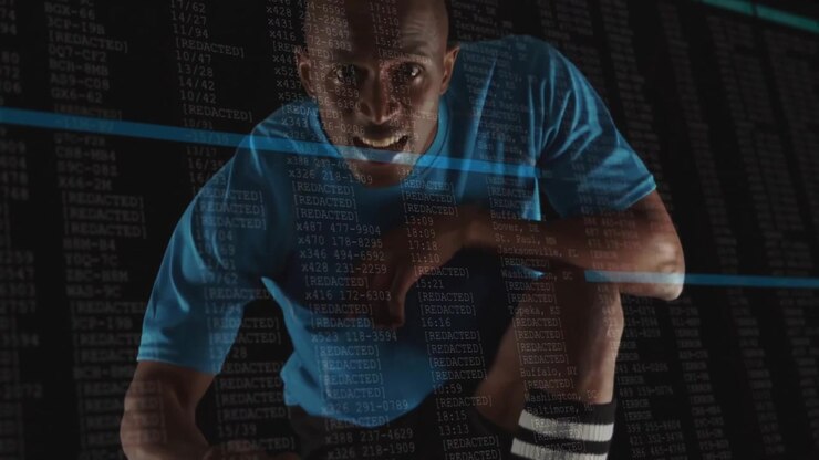 Rugby Player Kneeling with Ball Against Digital Data Background