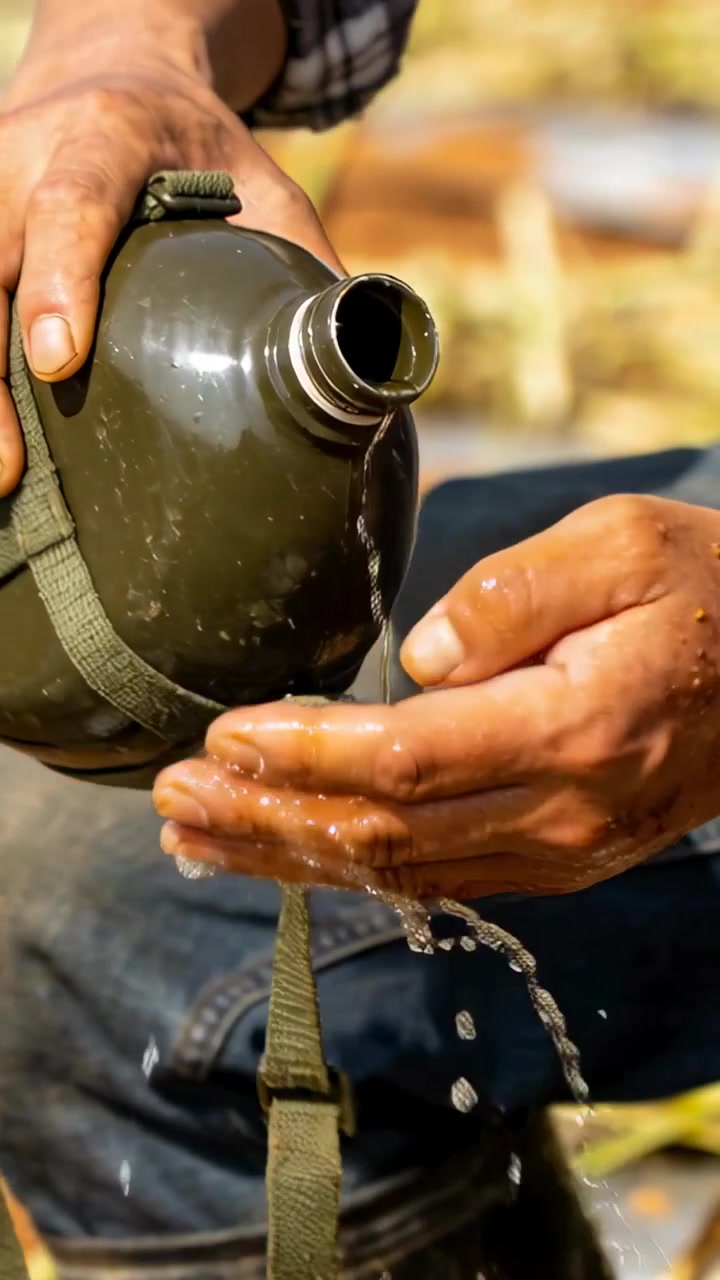 Vertical video: Ending harvest farmer's dirty hands rinsing from olive canteen in field plaid cuff