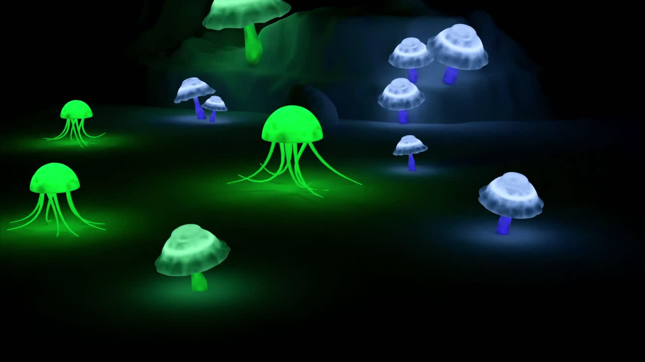 Glowing Mushrooms in a Dark Cave