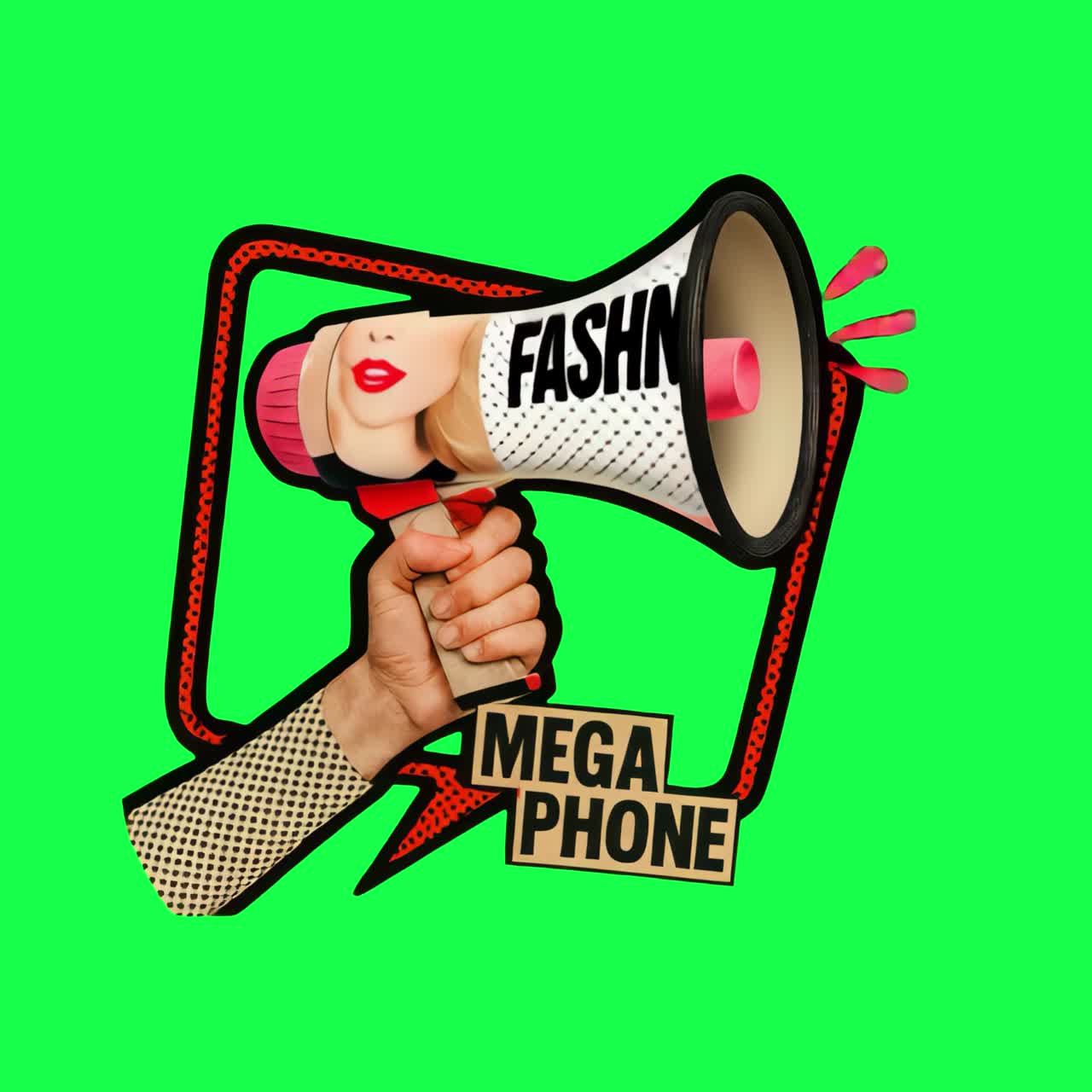 Farverig megafon collage animation, transparent 4K video, green screen