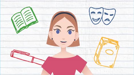 animación de una mujer hablando sobre los iconos de la escuela