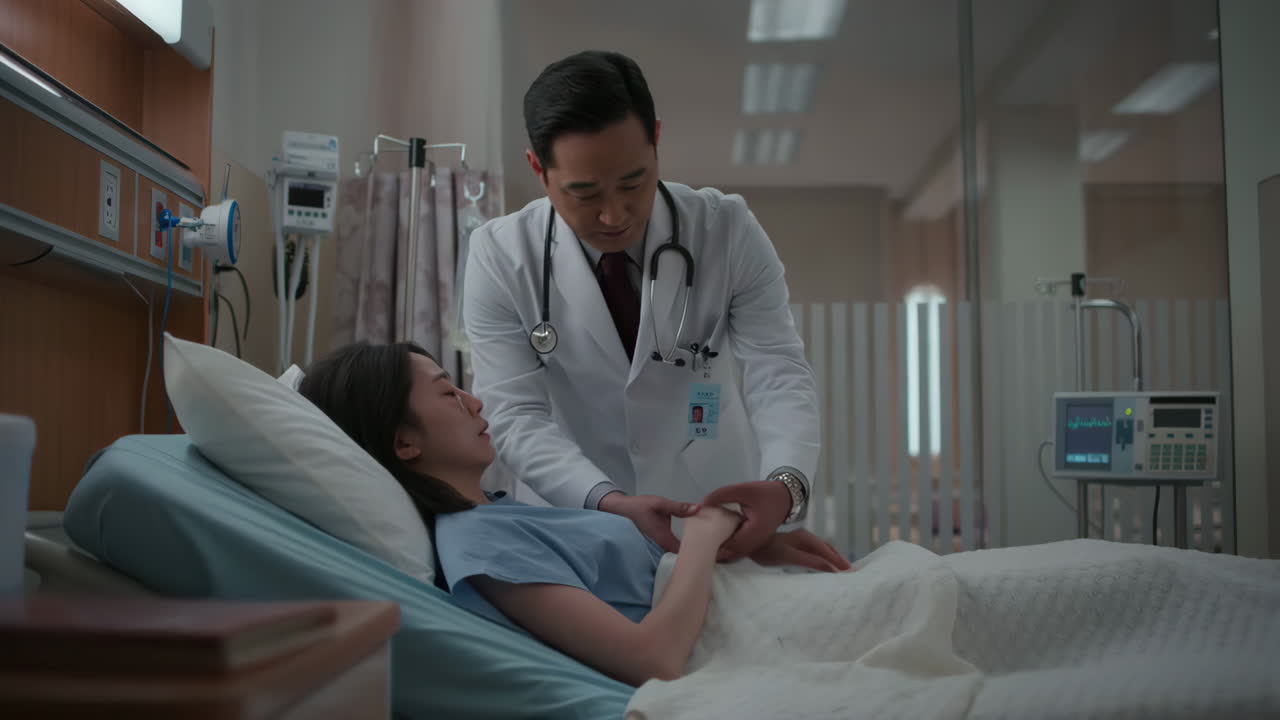 A doctor attending to a patient in a hospital room