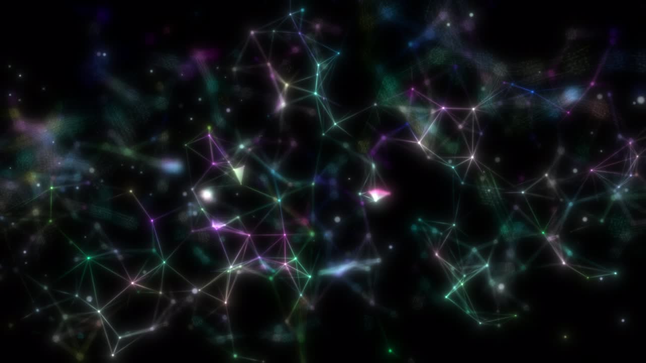 Plexus of abstract colourful glow geometrical lines with moving triangles and dots. Isolated transparent background.