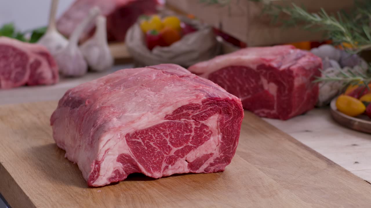 Close up of a butcher's hands carefully placing a large, highly marbled raw ribeye beef roast onto a wooden cutting board in a professional kitchen