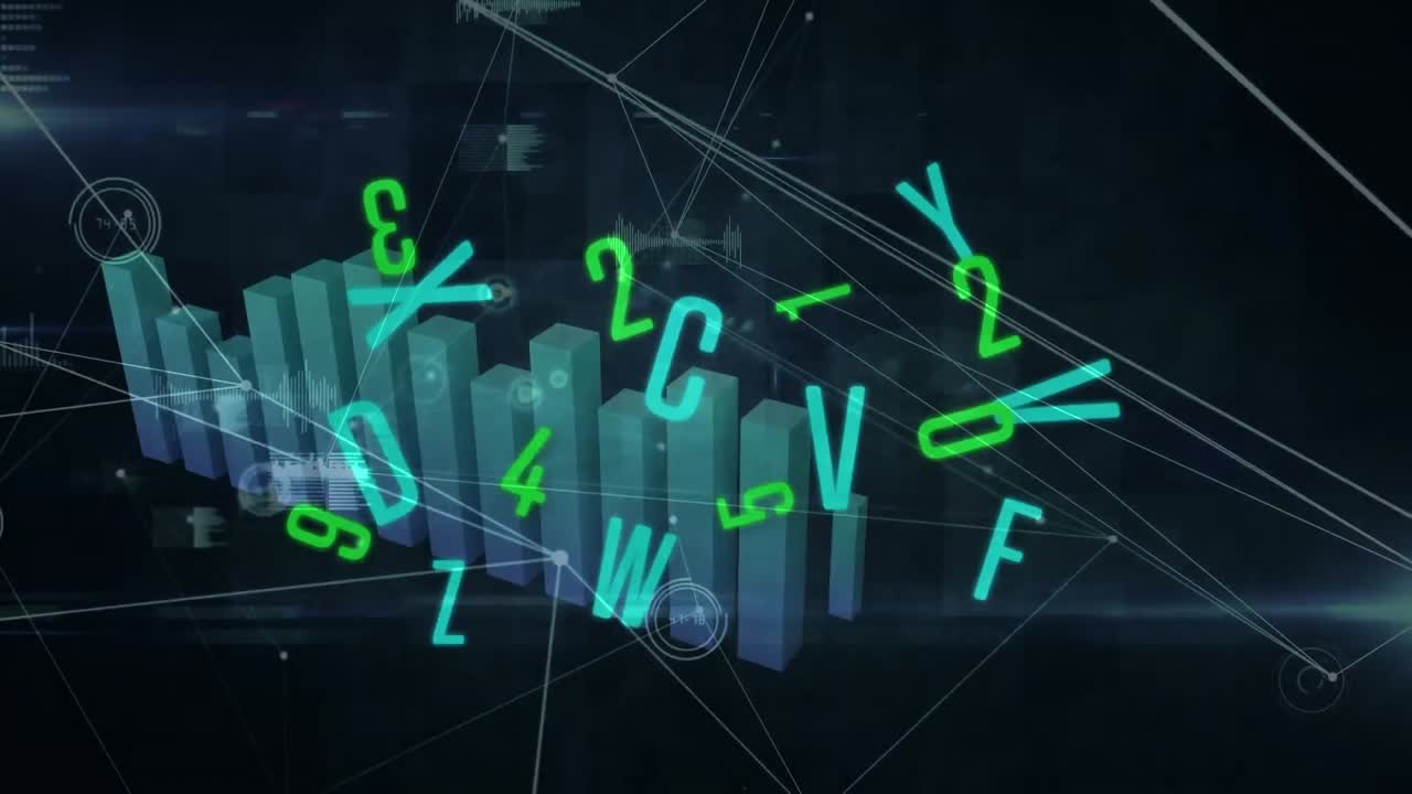 Animazione di lettere, statistiche con elaborazione di dati finanziari su sfondo blu