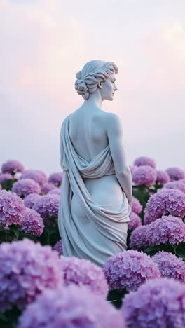 classical marble statue in a field of purple hydrangeas
