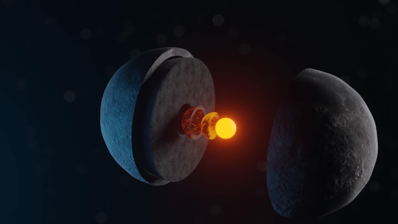 3D cross-section animation showing the Moon's interior, iron core, crust and mantle
