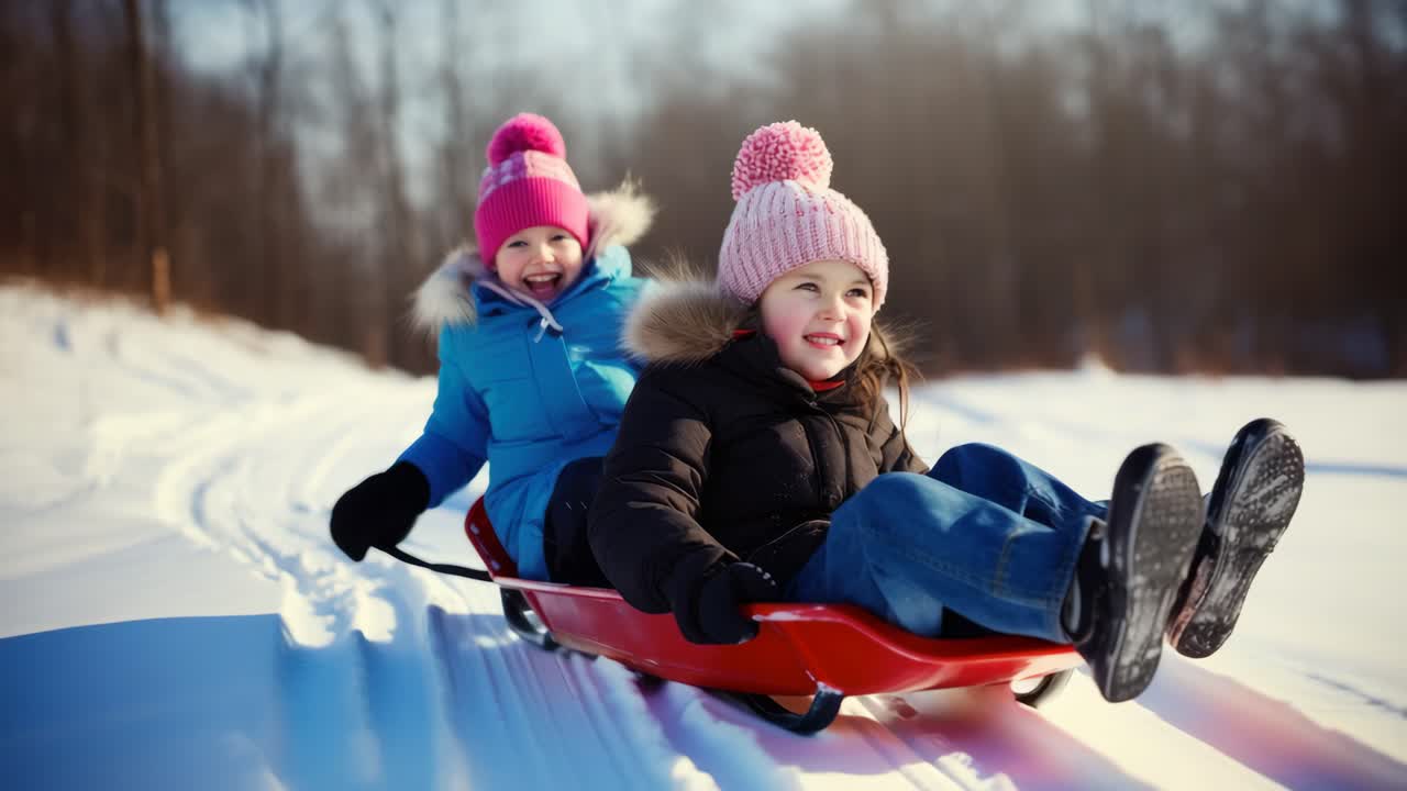 Two children joyfully sledding down a snowy hill, captured from a low-angle
