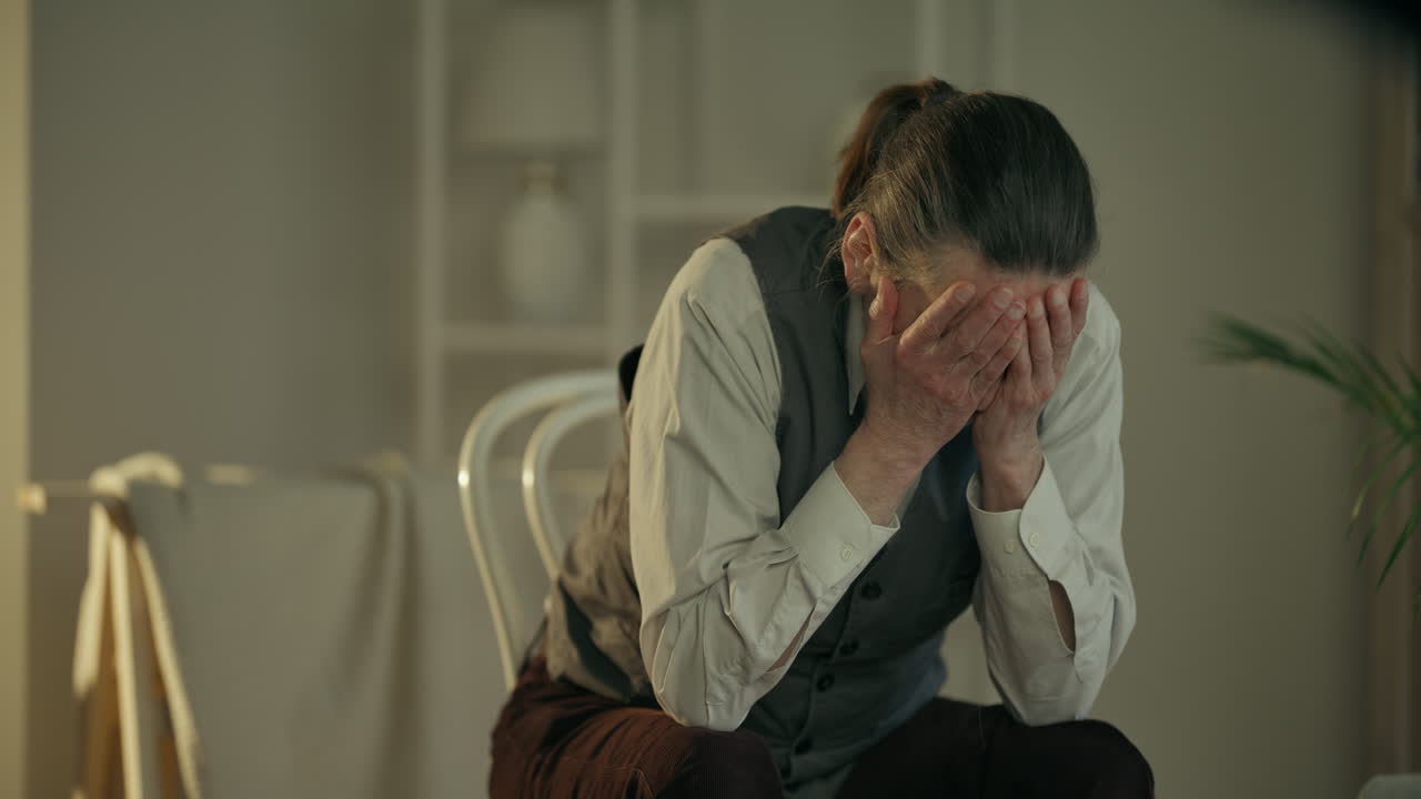 Homem Idoso Triste Cobrindo o Rosto em Angústia