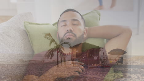 animation of summer tropical beach over man sleeping on sofa