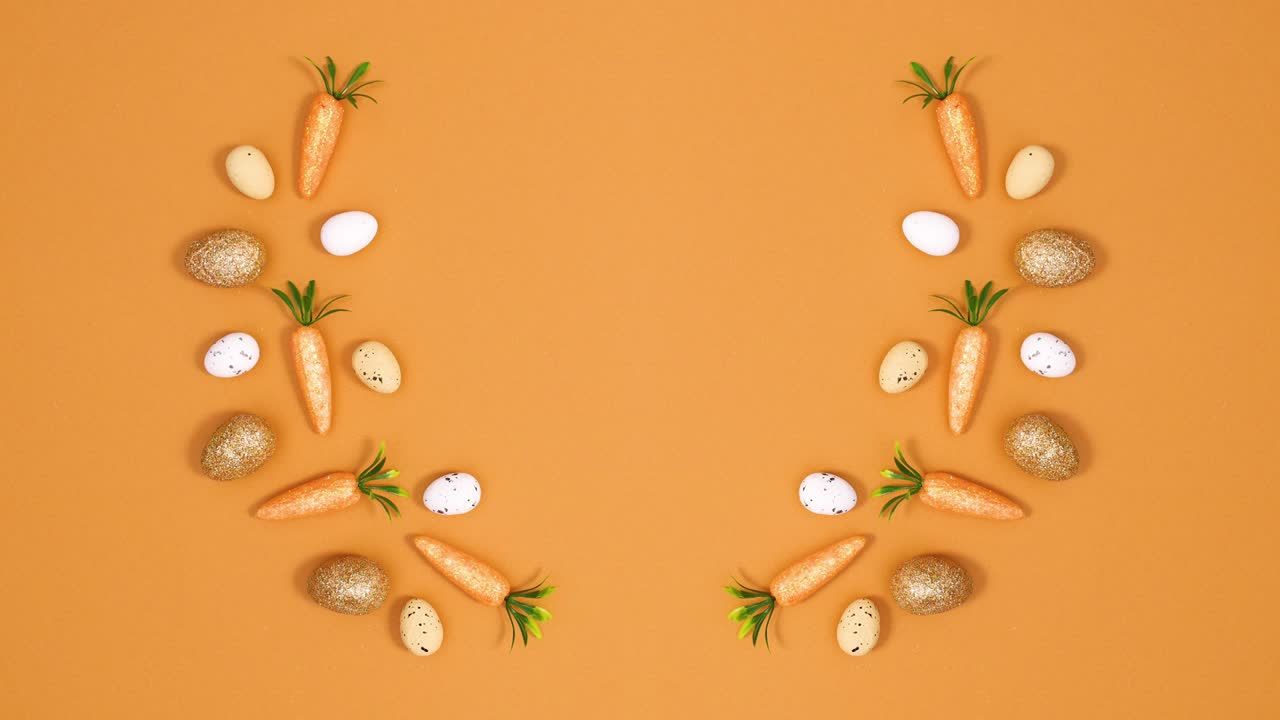 composición creativa de pascua hecha de huevos y zanahorias en fondo naranja con espacio de copia.