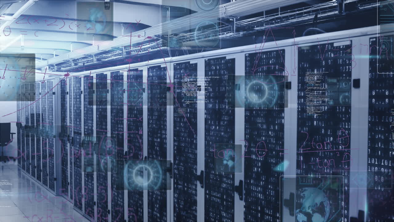 Animation of round scanners and mathematical equations against mosaic squares over server room
