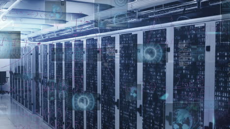 animation of round scanners and mathematical equations against mosaic squares over server room