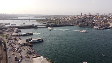 Aerial-Footage:-Bosphorus-Waterway-with-Istanbul-Bridge,-Ships,-and-Ferries