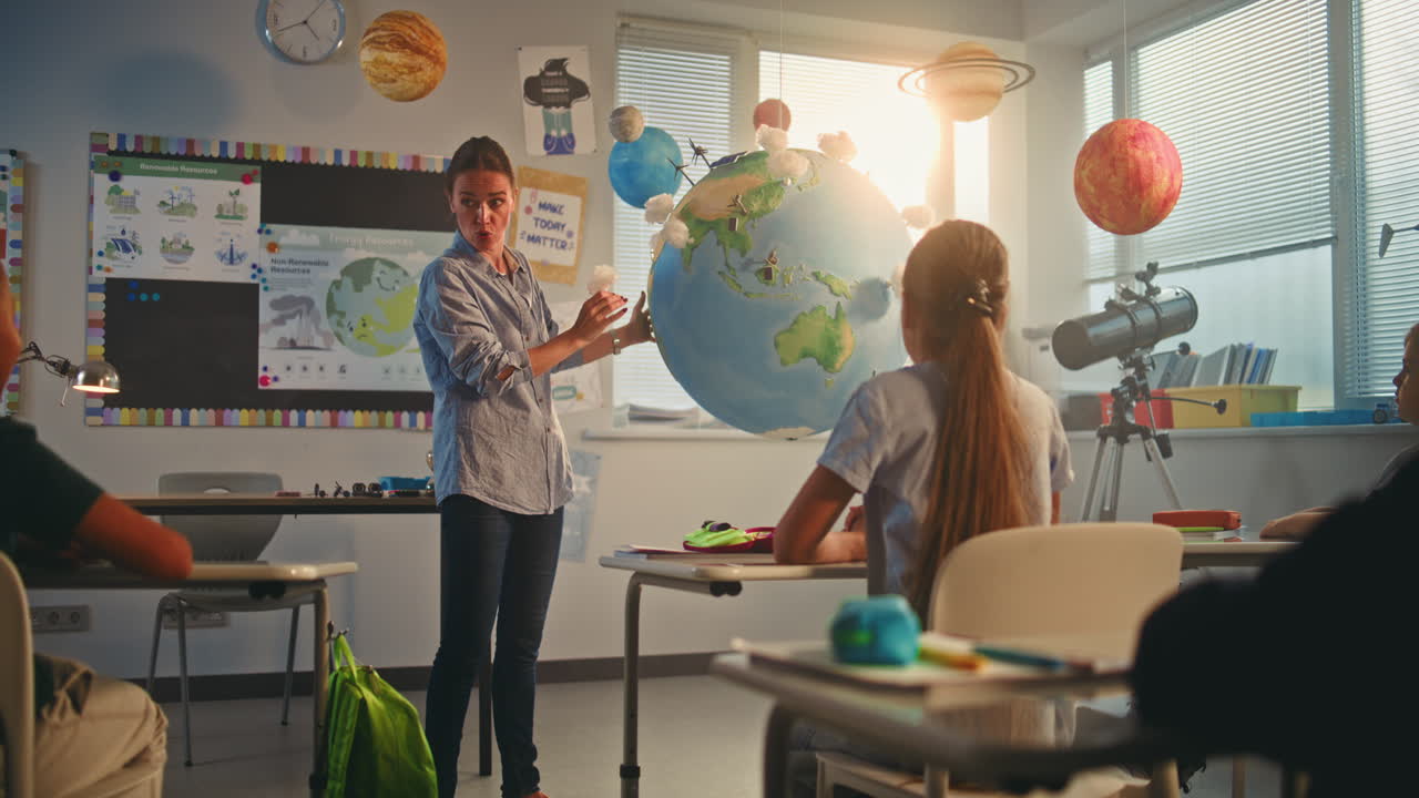 Interior of Modern Empty Primary School Classroom Creative Space for Children Studying