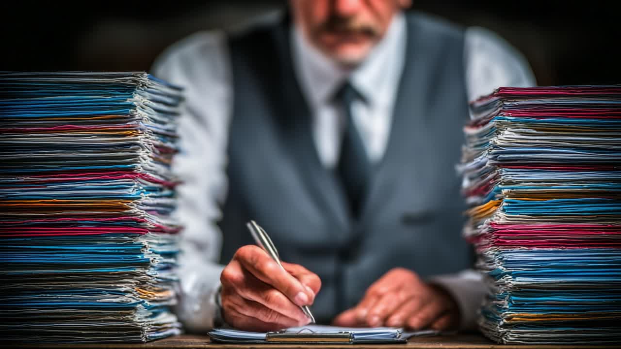 A focused individual meticulously reviewing and signing documents amidst towering stacks of paperwork, embodying the essence of diligence and responsibility in a structured environment