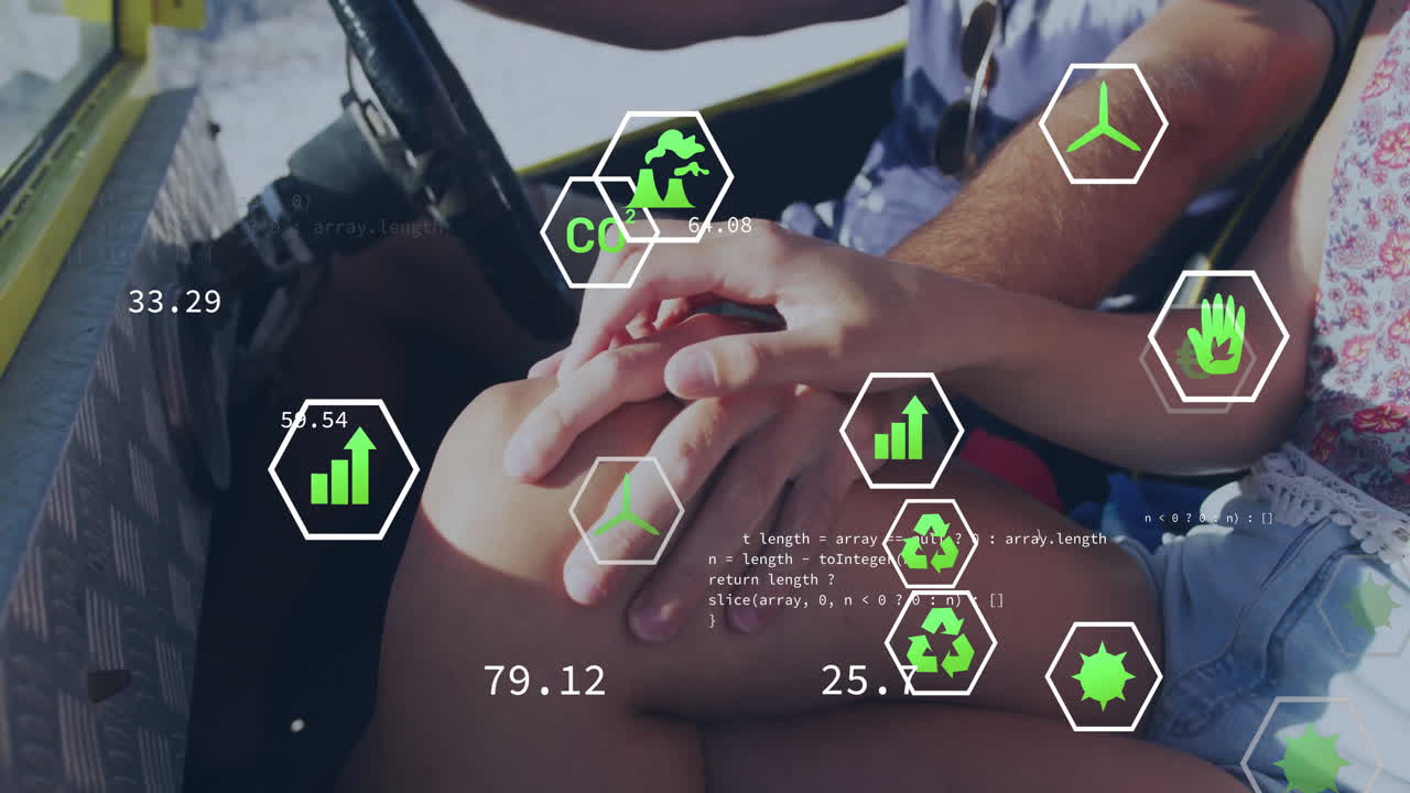 Couple holding hands on metal bench, showing eco finance metrics through AR charts