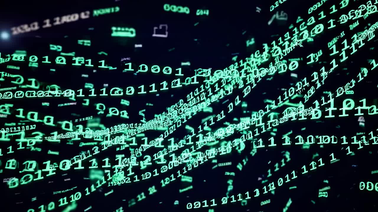 Dynamic video of green binary code cascading diagonally, creating a digital matrix effect