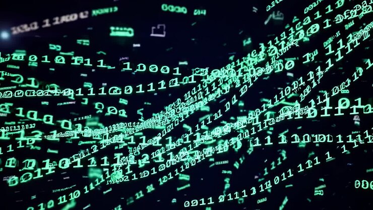 Dynamic video of green binary code cascading diagonally, creating a digital matrix effect