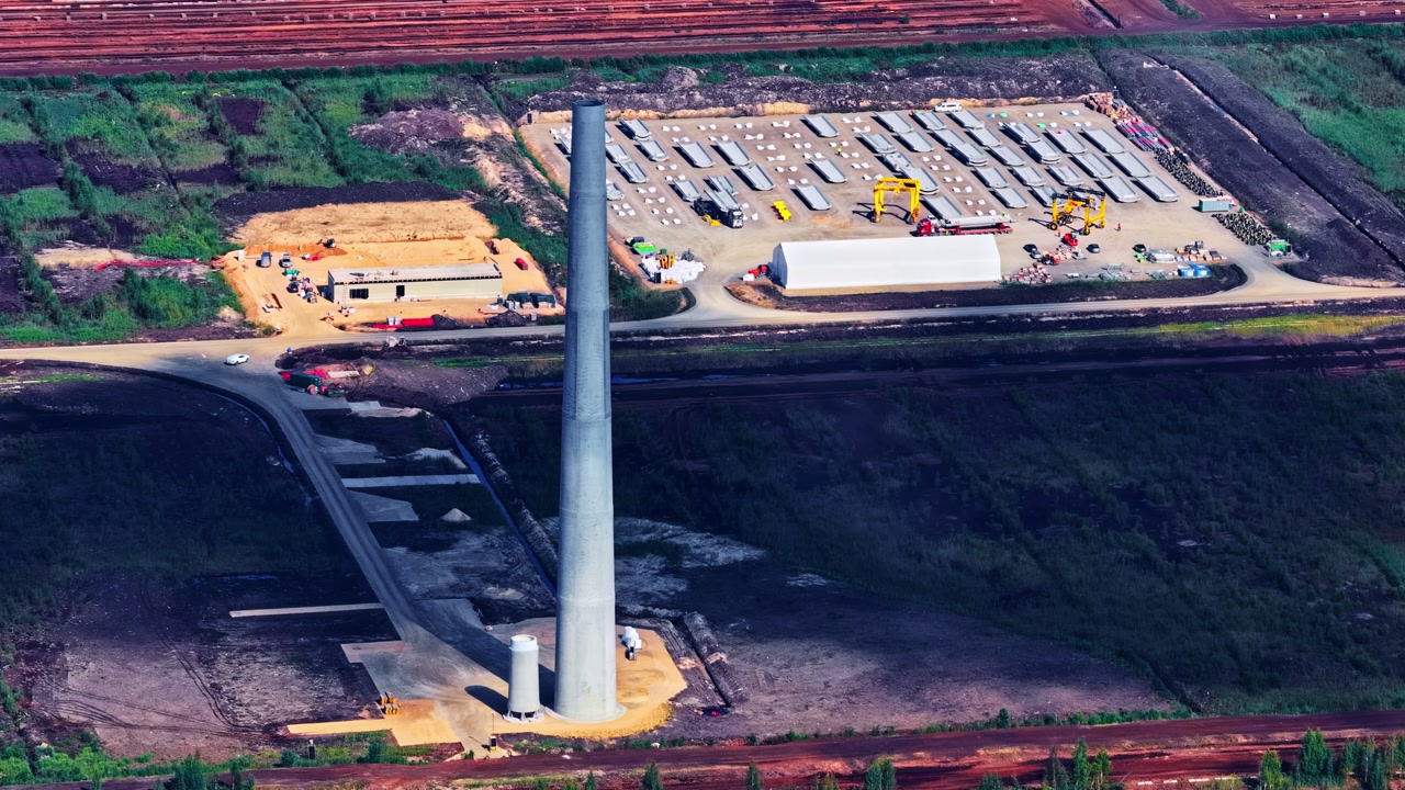 Gas flare stack rises from center of deforested industrial site with brown soil and paths