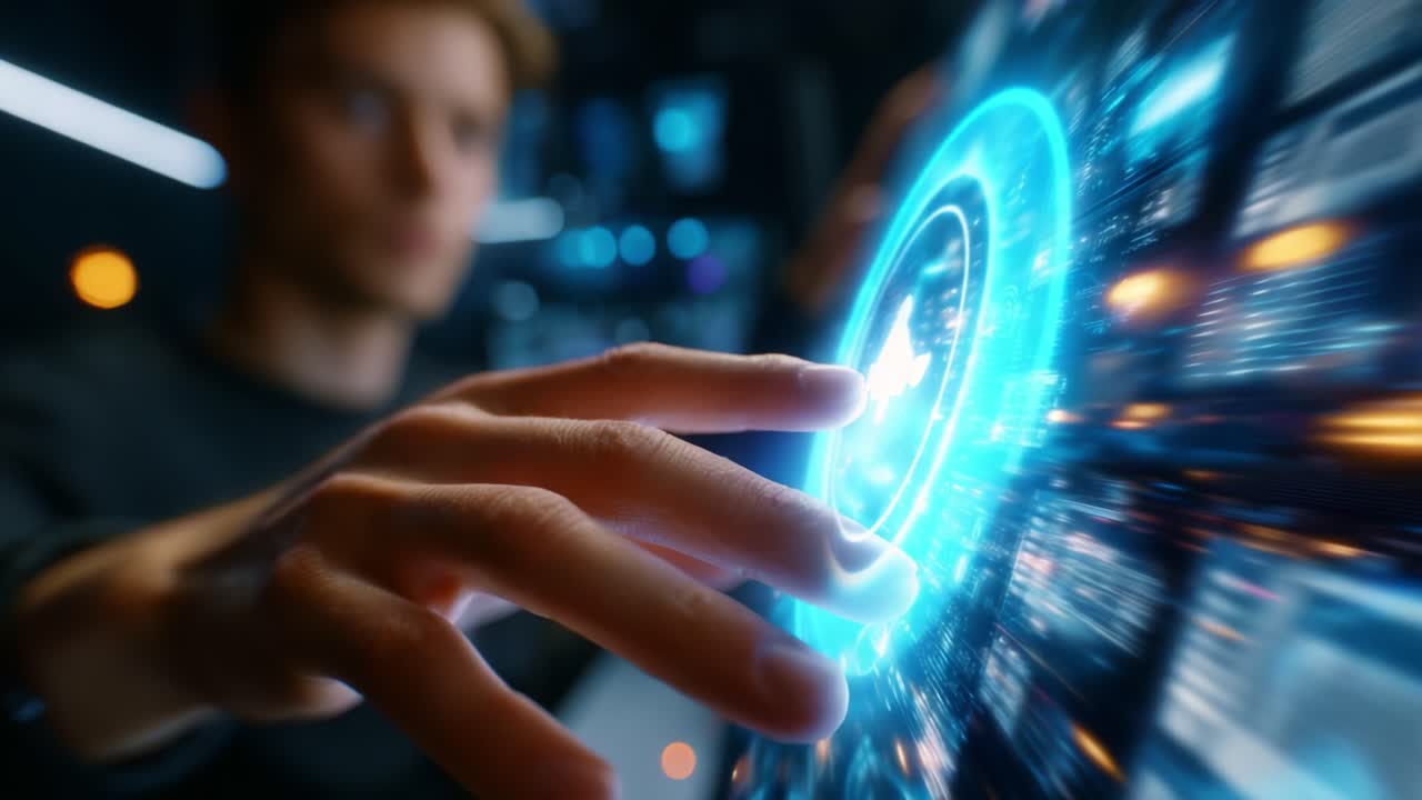 Una persona concentrata interagisce con un'interfaccia touchscreen futuristica e illuminata, esplorando tecnologia avanzata e visualizzazione di dati digitali tramite tocco