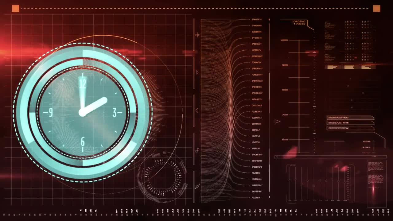 화면에서 빠르게 움직이는 시계와 데이터 처리의 애니메이션