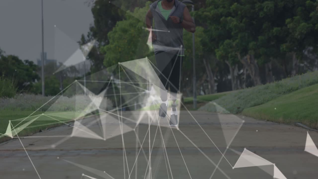 animación de una red de comunicación rotativa sobre un atleta masculino con una pierna protésica corriendo