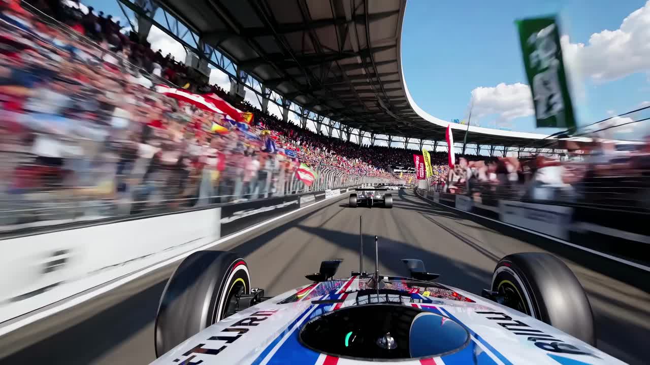 Concept video dinamico di un'auto da corsa su un tracciato, ripresa da un'angolazione bassa, che mostra la velocità