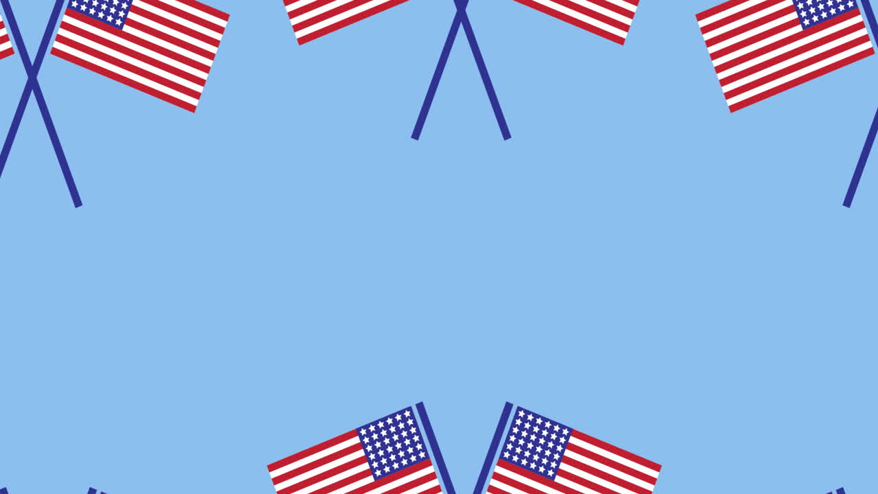 Animation of american flags moving over blue background
